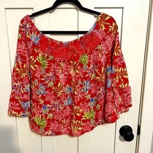 Roxy Red Tropical Blouse Size Medium off The Shoulder Flowy